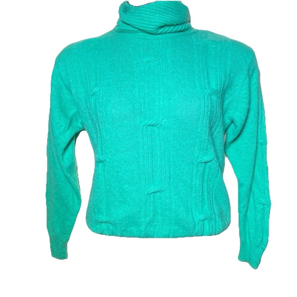 Vintage Woman’s Teal Turtleneck Sweater Size Small Cable Knit Lambs Wool Angora